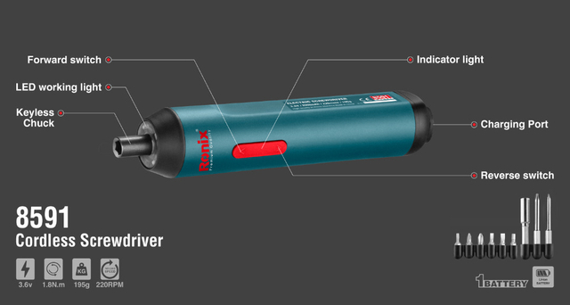 Electric Screwdriver Ronix 8591 Rechargeable Set Charger In Carrying Case 9 Accessory Kit Cordless Screwdriver Kit