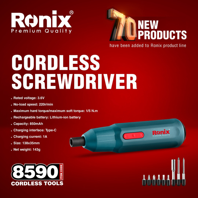 Ronix 8590 Cordless Screwdriver 3.6V Li-ion Battery Cordless Screwdriver Screw Driver with 9pcs Accessories Bits Set
