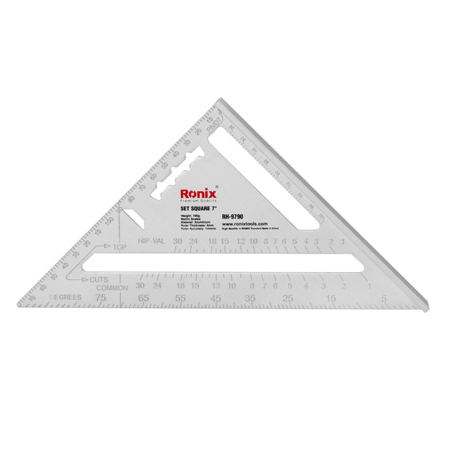 Ronix RH-9790 In Stock Metric Scales 1mm/m Aluminium 7'' Set Aluminum Angle 45 Degree Measuring Triangular Rule