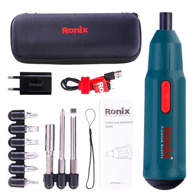Ronix 8590 Cordless Screwdriver 3.6V Li-ion Battery Cordless Screwdriver Screw Driver with 9pcs Accessories Bits Set