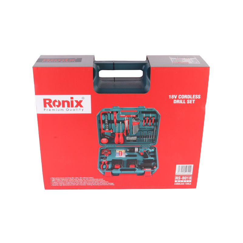 Ronix RS-8018 53pcs 18V Battery Impact Drill Combo Set Box Cordless Power Drill Set Driver Kit With Hand Tools Drill Bits