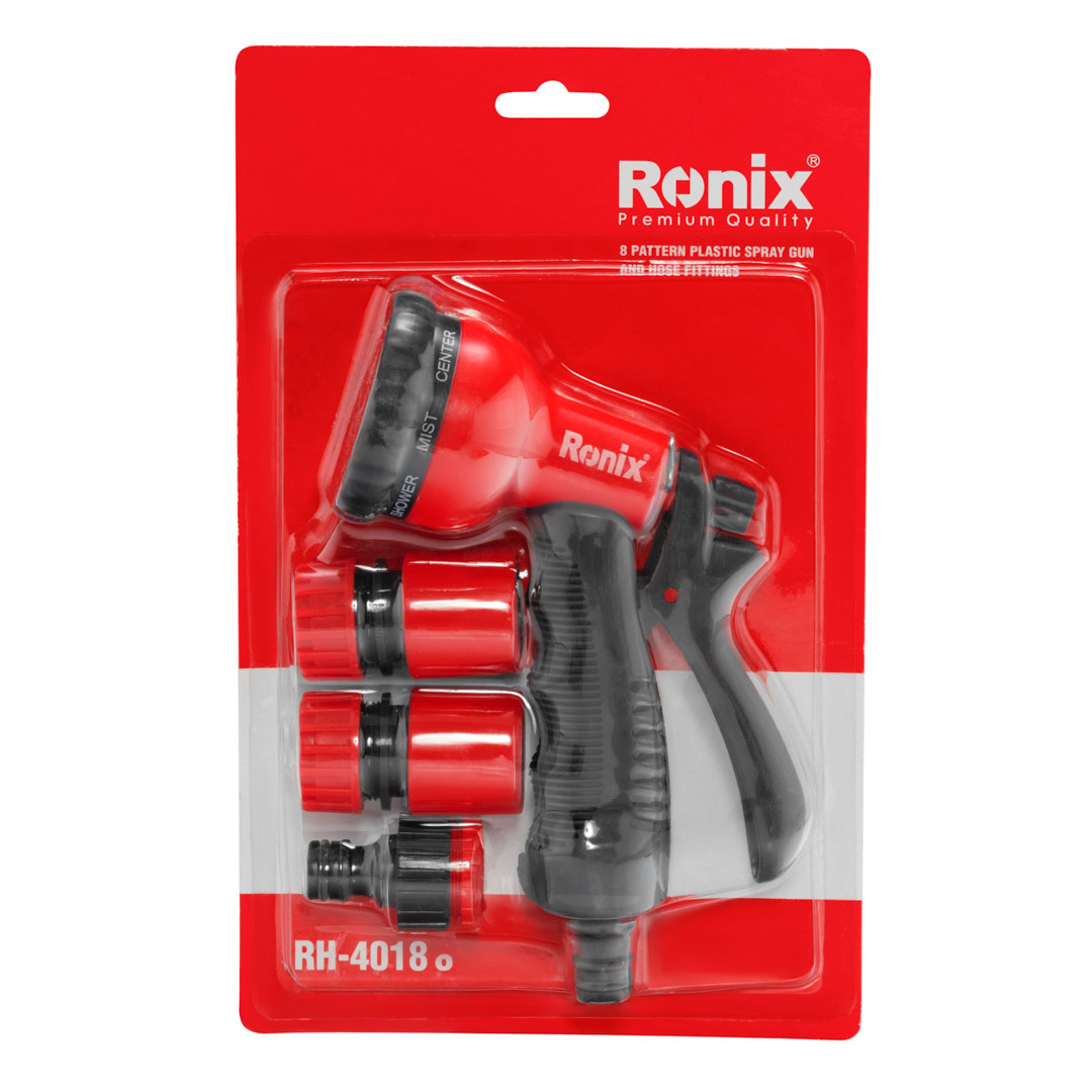 Ronix Tools RH-4018 8-pattern Soft Coated Plastic Water Spray Gun And Hose Fittings