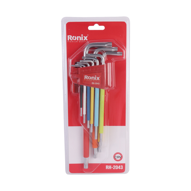 Ronix in stock RH-2043 T10-T50 Folding Torx Hex Key 9 Pcs Multi color long arm torx end magnetic Hex Key set